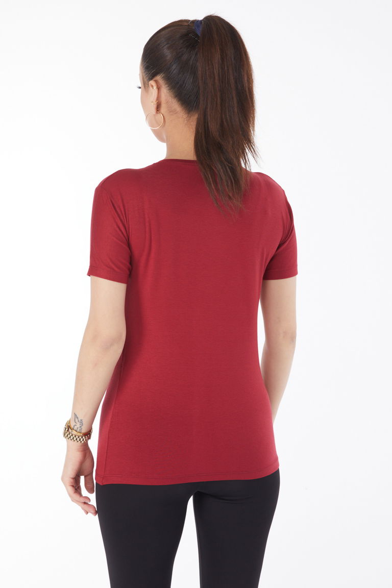 Kısa Kollu Baskısız T-shirt Bordo - 24764 - TOFİSA