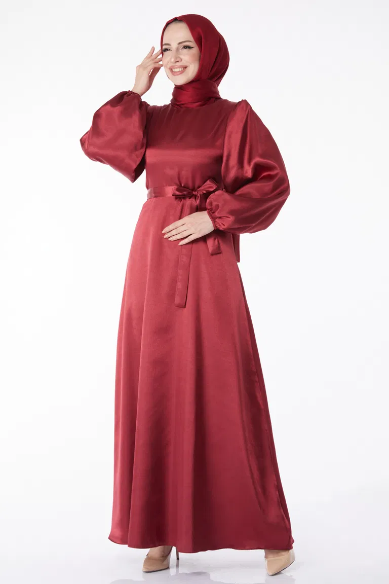 Düz Bisiklet Yaka Kadın Bordo Kuşaklı Elbise - 13160 - TOFİSA