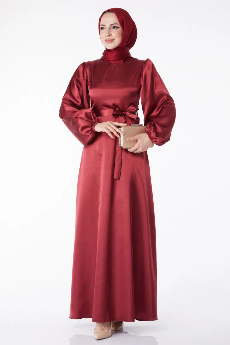 Düz Bisiklet Yaka Kadın Bordo Kuşaklı Elbise - 13160 - TOFİSA