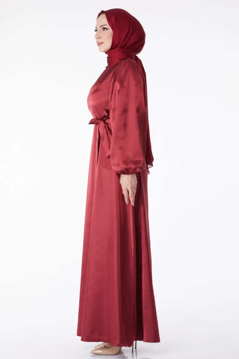 Düz Bisiklet Yaka Kadın Bordo Kuşaklı Elbise - 13160 - TOFİSA