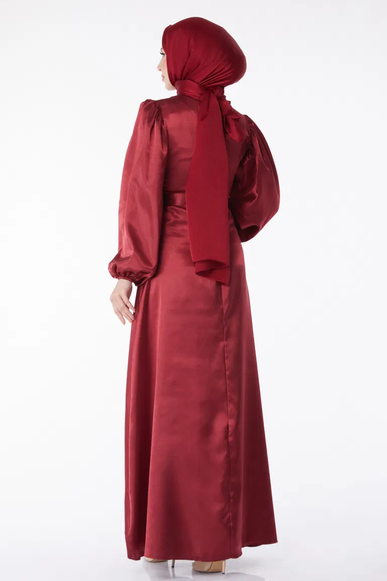 Düz Bisiklet Yaka Kadın Bordo Kuşaklı Elbise - 13160 - TOFİSA