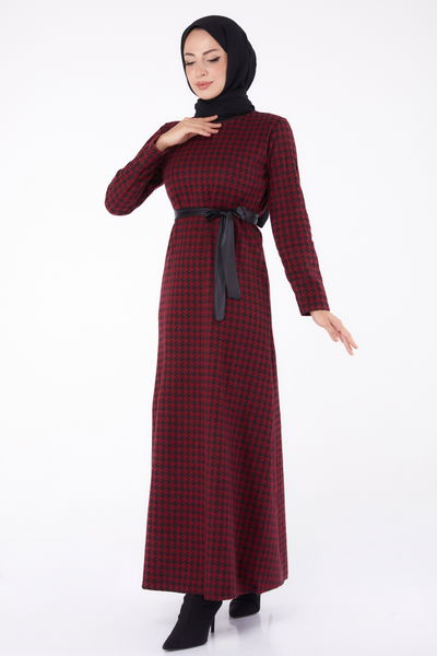 Kuşaklı Elbise Bordo - 13322 