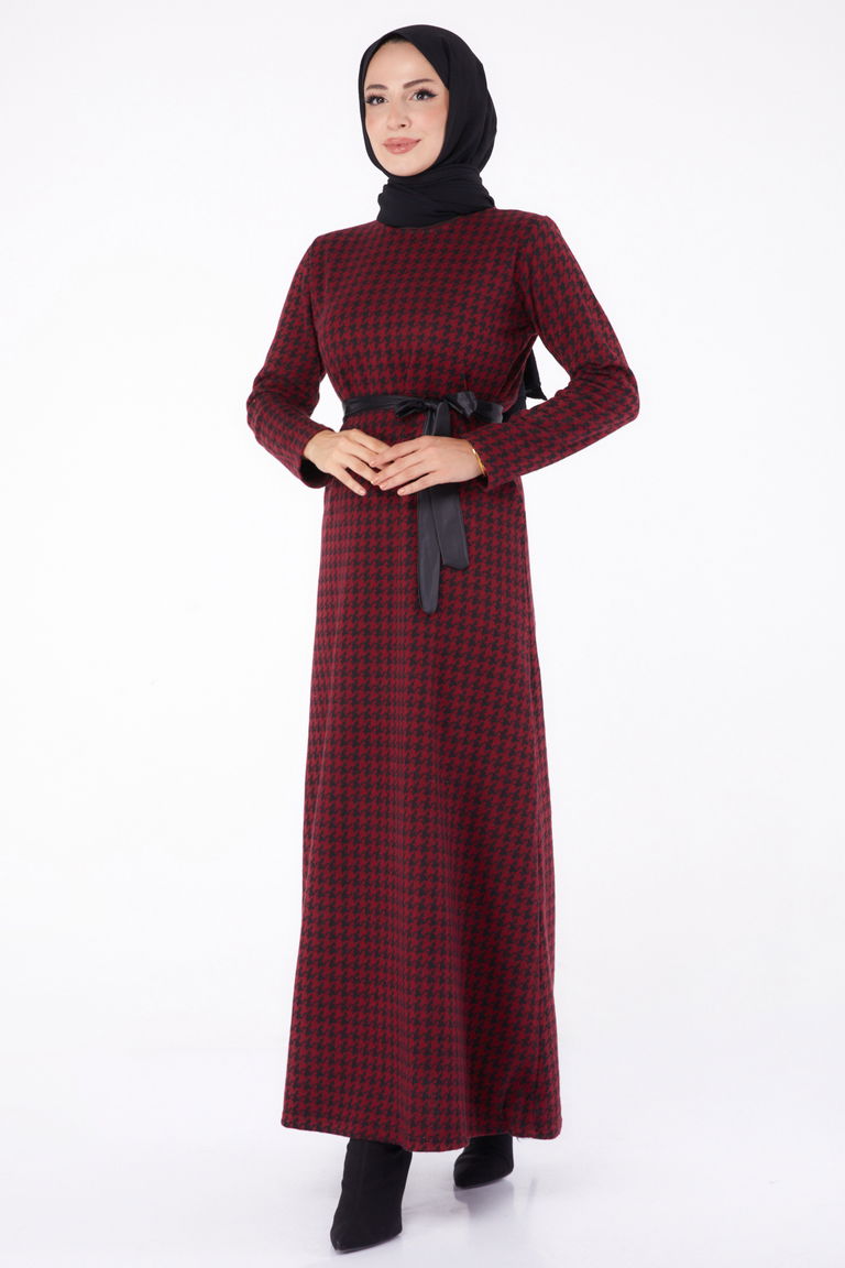 Kuşaklı Elbise Bordo - 13322 - TOFİSA