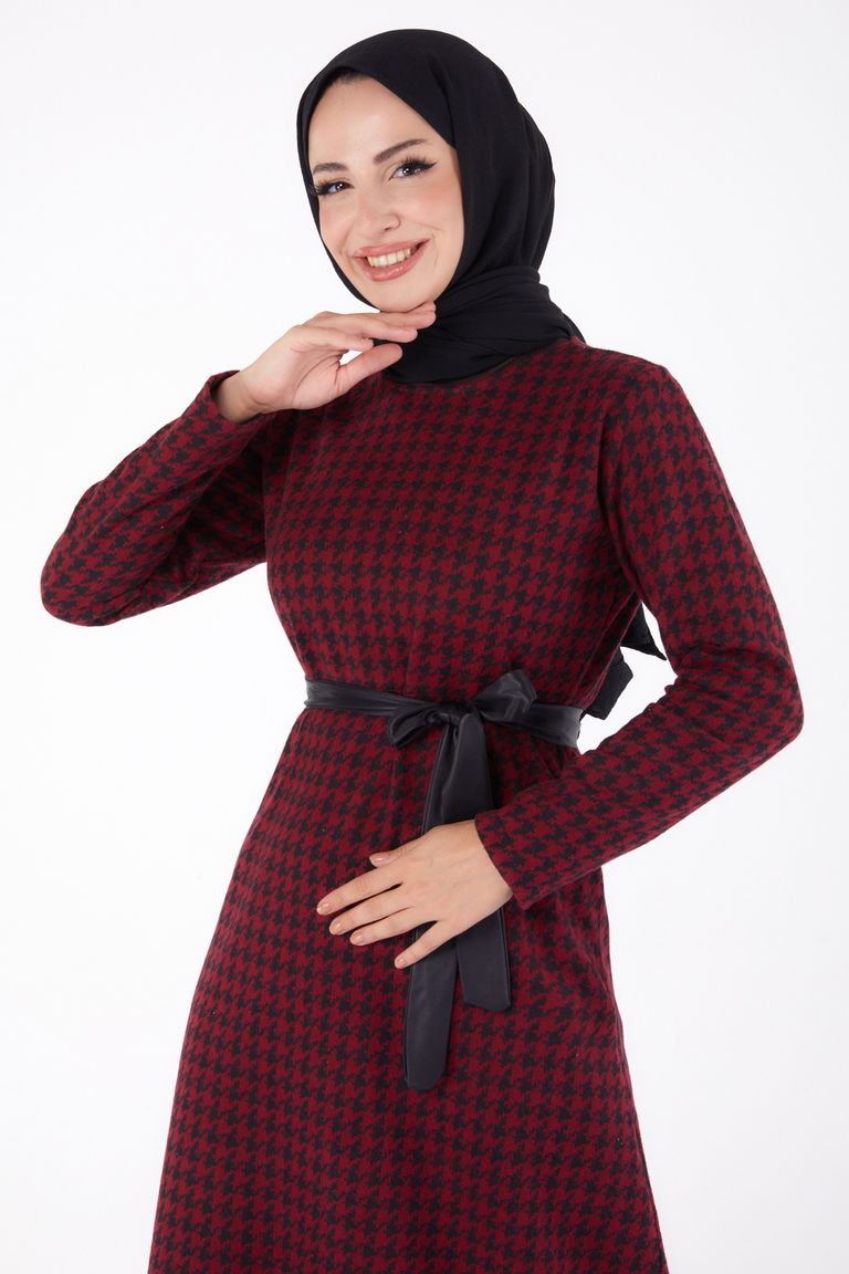 Kuşaklı Elbise Bordo - 13322 - TOFİSA