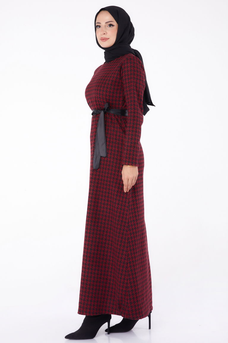 Kuşaklı Elbise Bordo - 13322 - TOFİSA