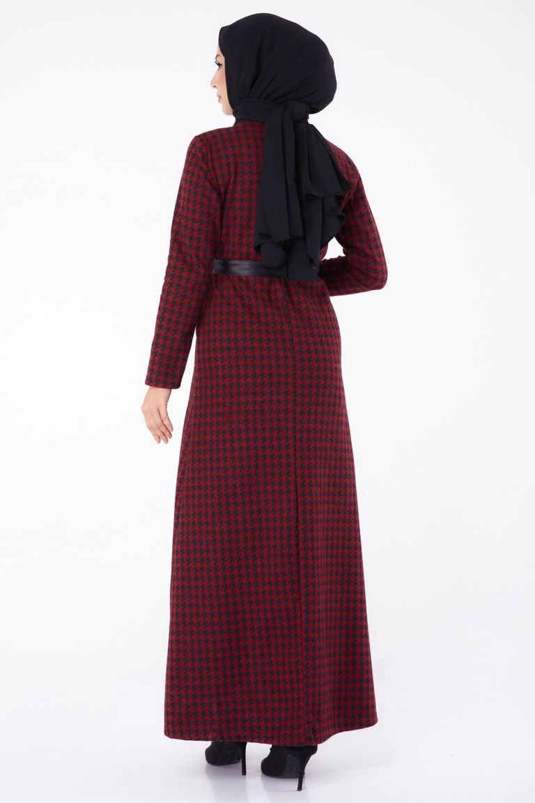 Kuşaklı Elbise Bordo - 13322 - TOFİSA
