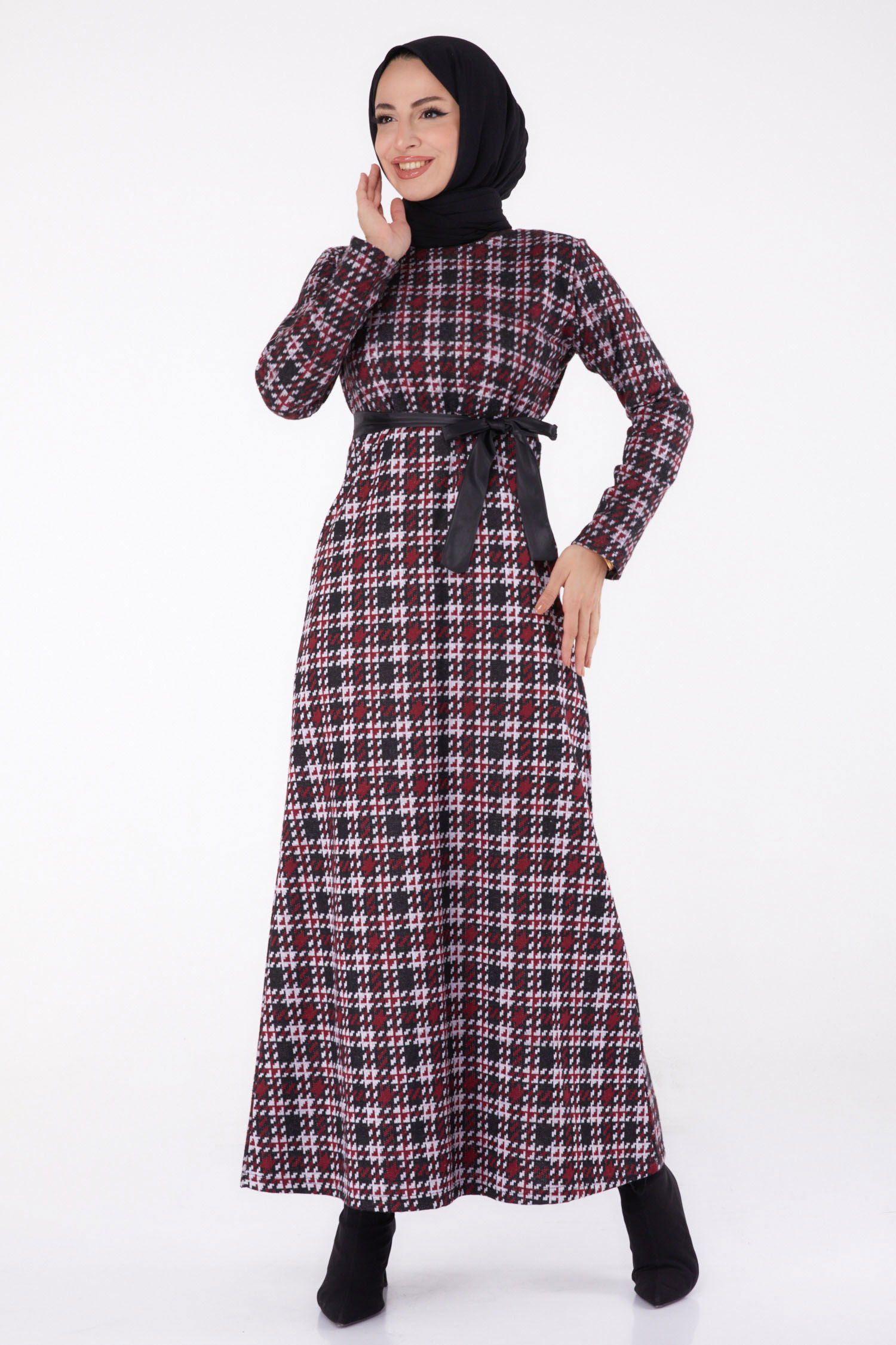 Kuşaklı Elbise Bordo - 13324 - 1