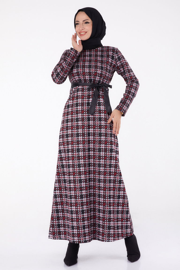 Kuşaklı Elbise Bordo - 13324 - TOFİSA