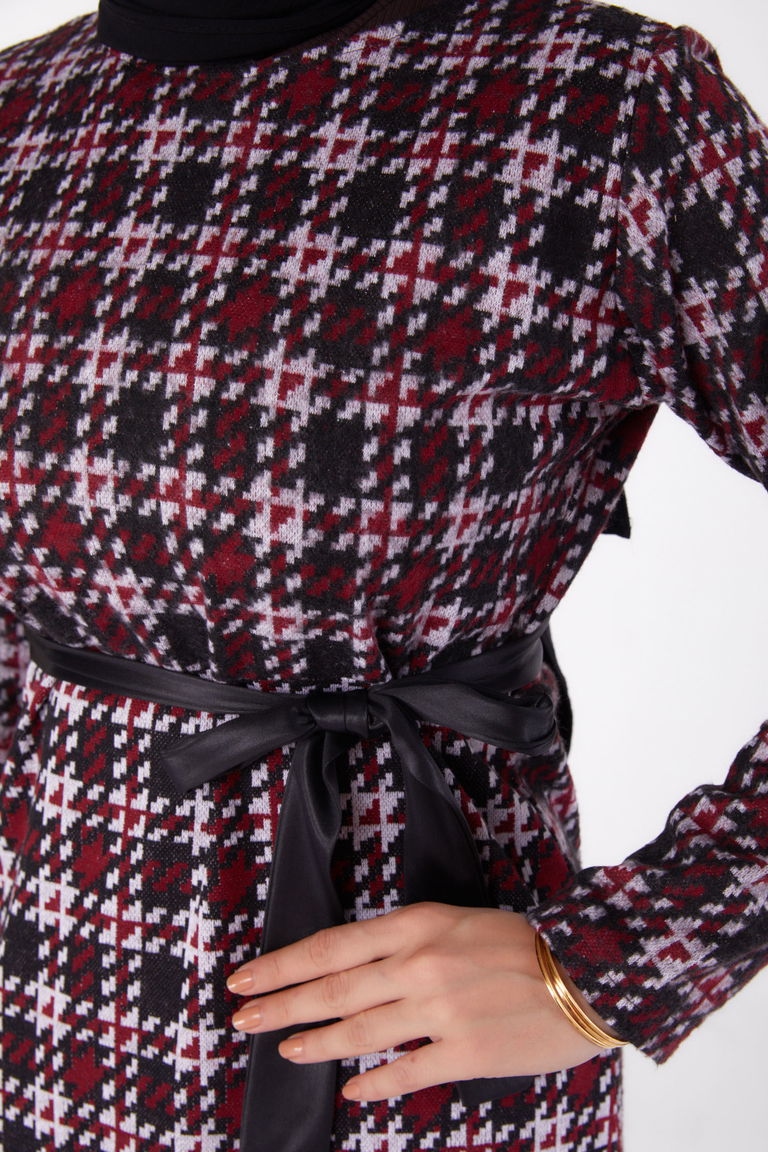 Kuşaklı Elbise Bordo - 13324 - TOFİSA