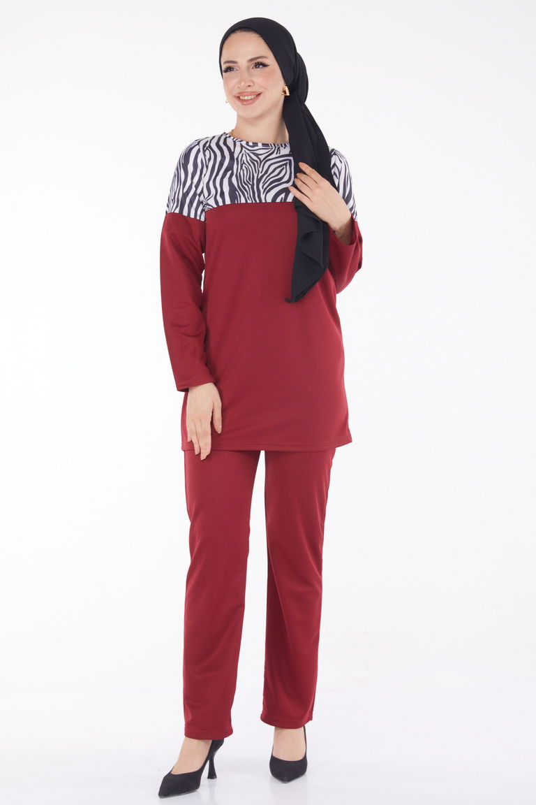 Düz Bisiklet Yaka Kadın Bordo Leopar Garnili İkili Takım - 13210 - TOFİSA