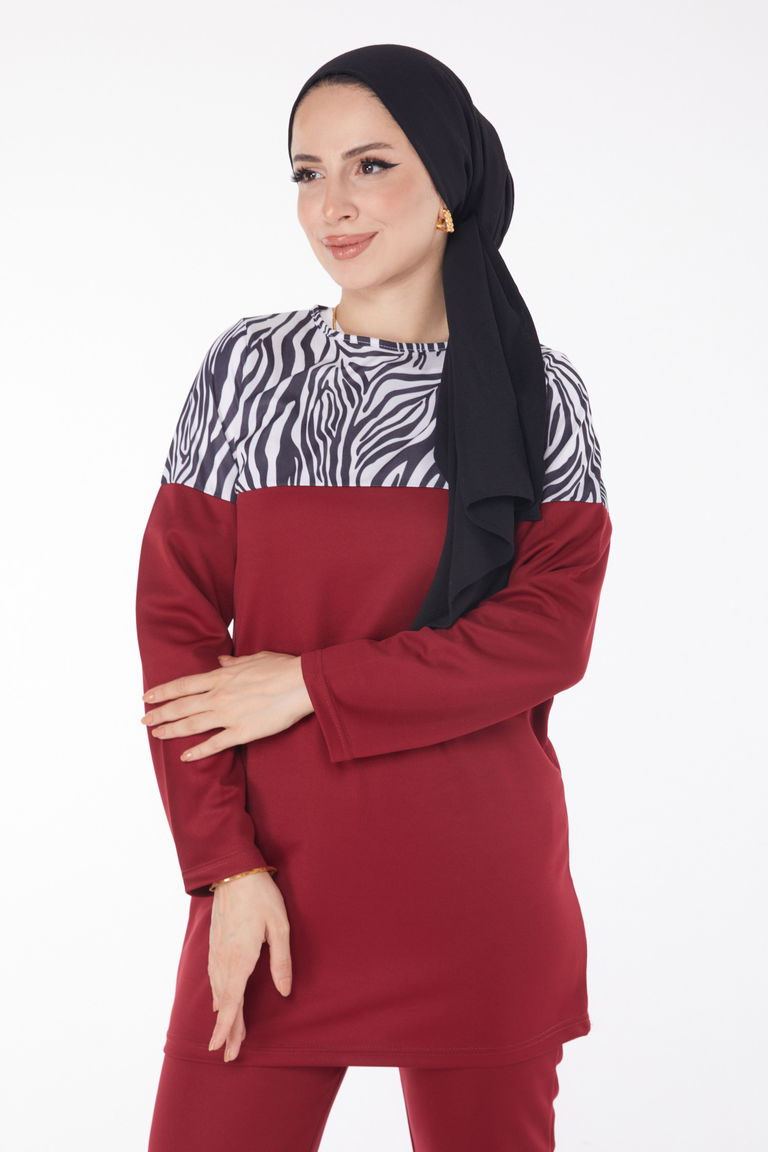 Düz Bisiklet Yaka Kadın Bordo Leopar Garnili İkili Takım - 13210 - TOFİSA