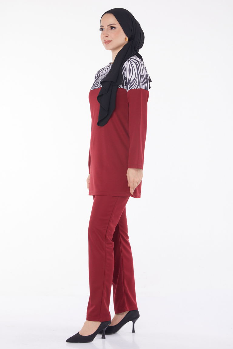 Düz Bisiklet Yaka Kadın Bordo Leopar Garnili İkili Takım - 13210 - TOFİSA