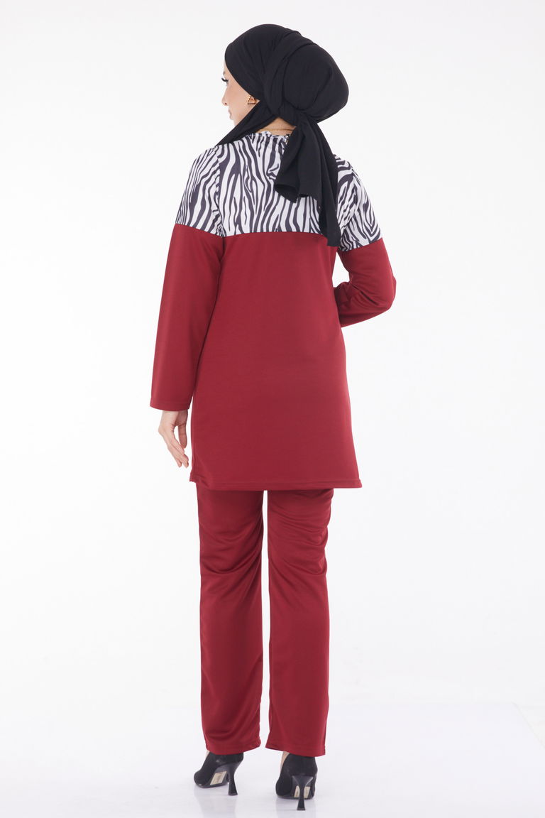 Düz Bisiklet Yaka Kadın Bordo Leopar Garnili İkili Takım - 13210 - TOFİSA