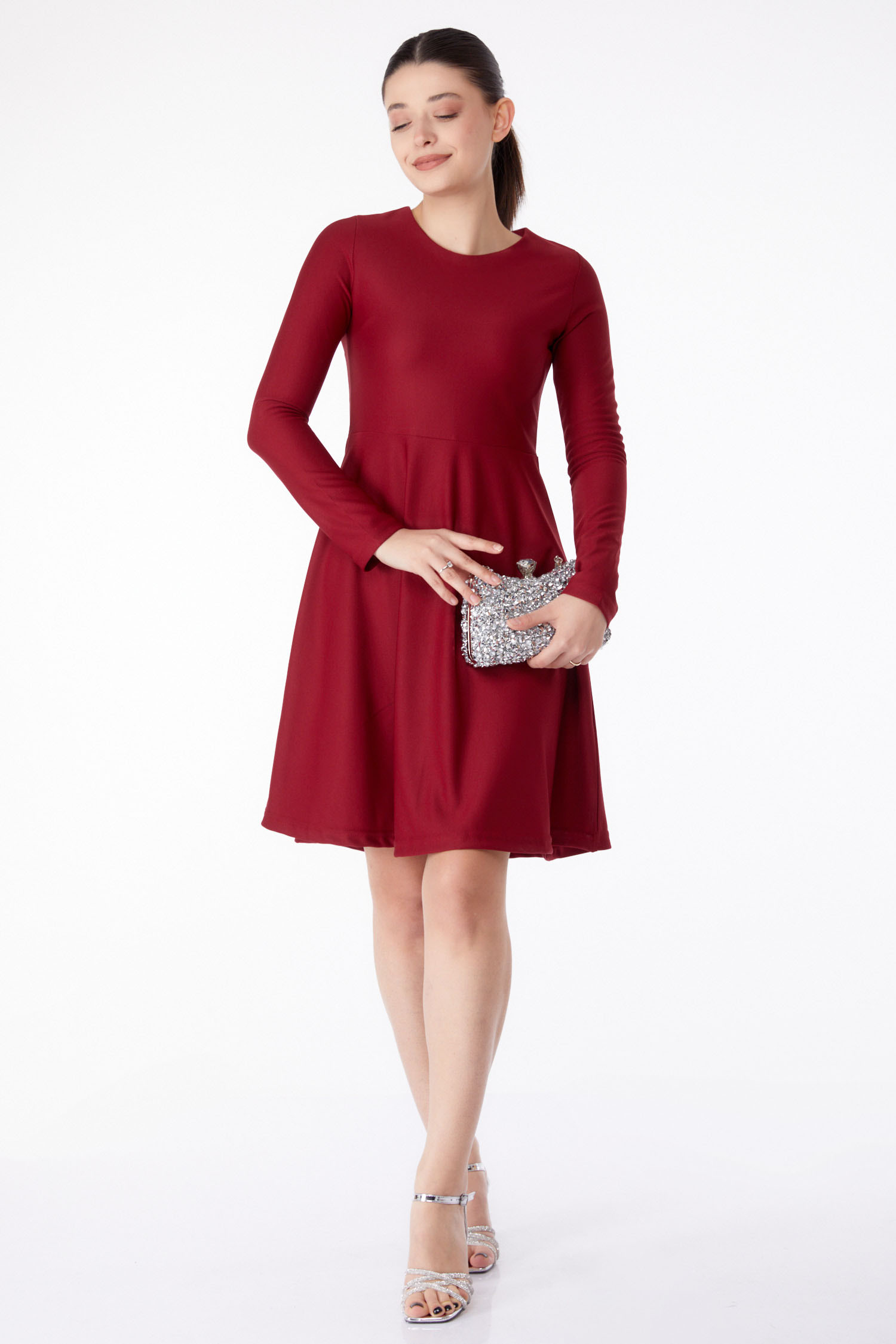 Düz Bisiklet Yaka Kadın Bordo Mini Abiye Elbise - 13191 - 2