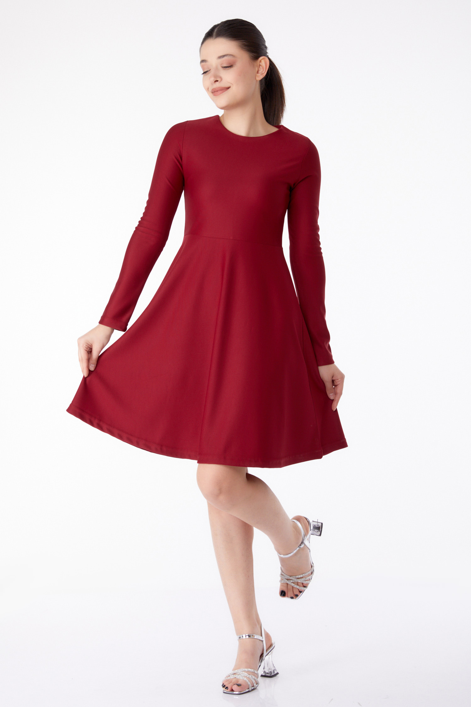 Düz Bisiklet Yaka Kadın Bordo Mini Abiye Elbise - 13191 - 3