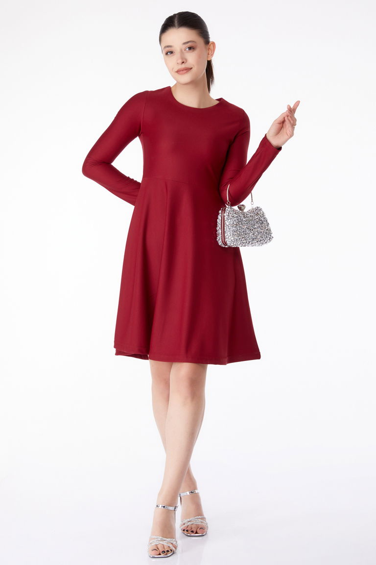 Düz Bisiklet Yaka Kadın Bordo Mini Abiye Elbise - 13191 - TOFİSA