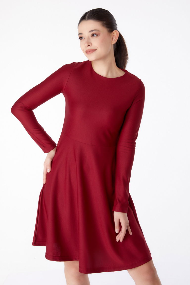 Düz Bisiklet Yaka Kadın Bordo Mini Abiye Elbise - 13191 - TOFİSA