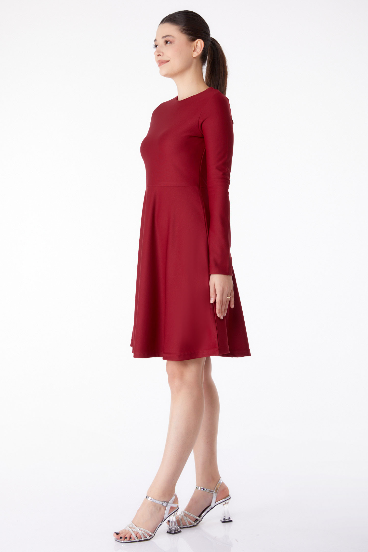 Düz Bisiklet Yaka Kadın Bordo Mini Abiye Elbise - 13191 - 5