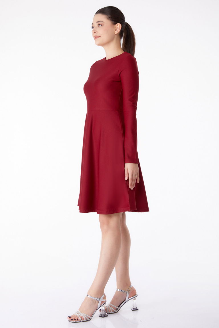 Düz Bisiklet Yaka Kadın Bordo Mini Abiye Elbise - 13191 - TOFİSA