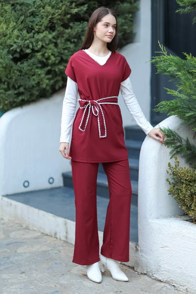 Düz Bisiklet Yaka Kadın Bordo Nakışlı İkili Takım - 13290 