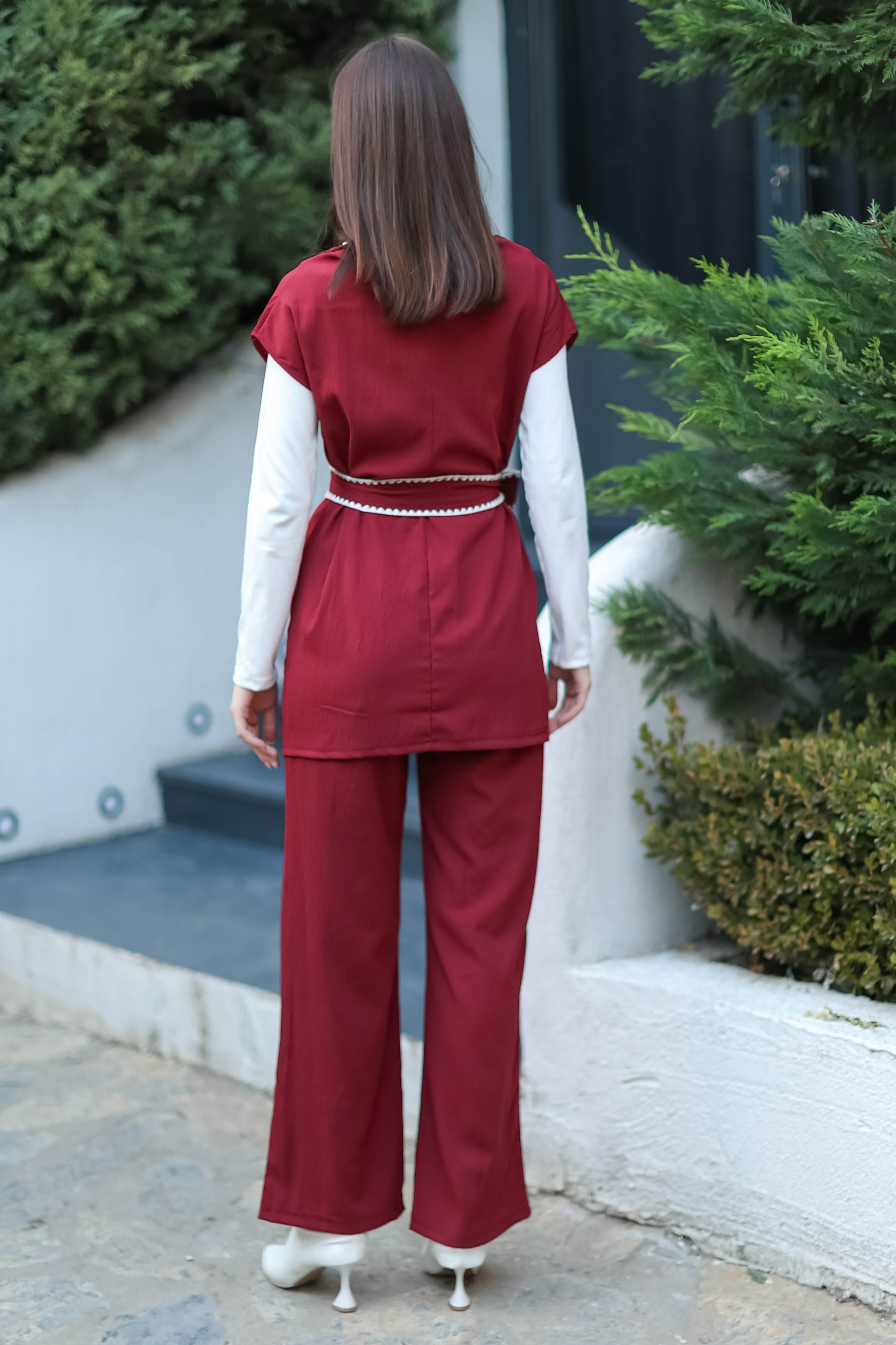 Düz Bisiklet Yaka Kadın Bordo Nakışlı İkili Takım - 13290 - 5