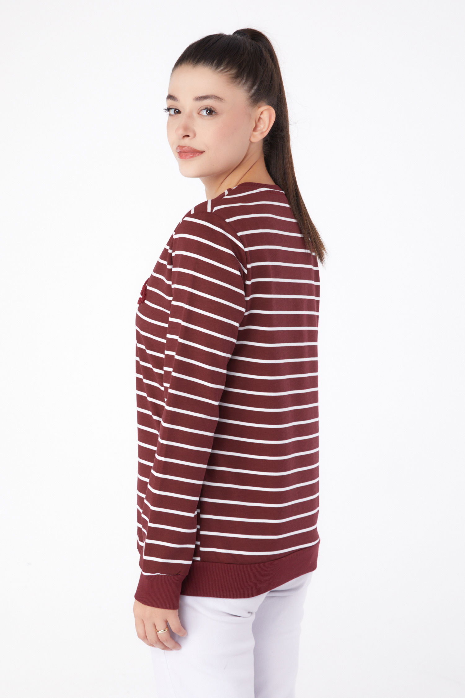 Düz Bisiklet Yaka Kadın Bordo Nakışlı Sweatshirt - 26287 - 5