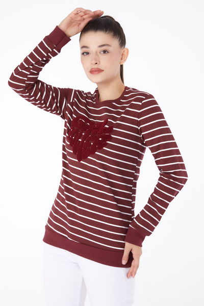 Düz Bisiklet Yaka Kadın Bordo Nakışlı Sweatshirt - 26288 