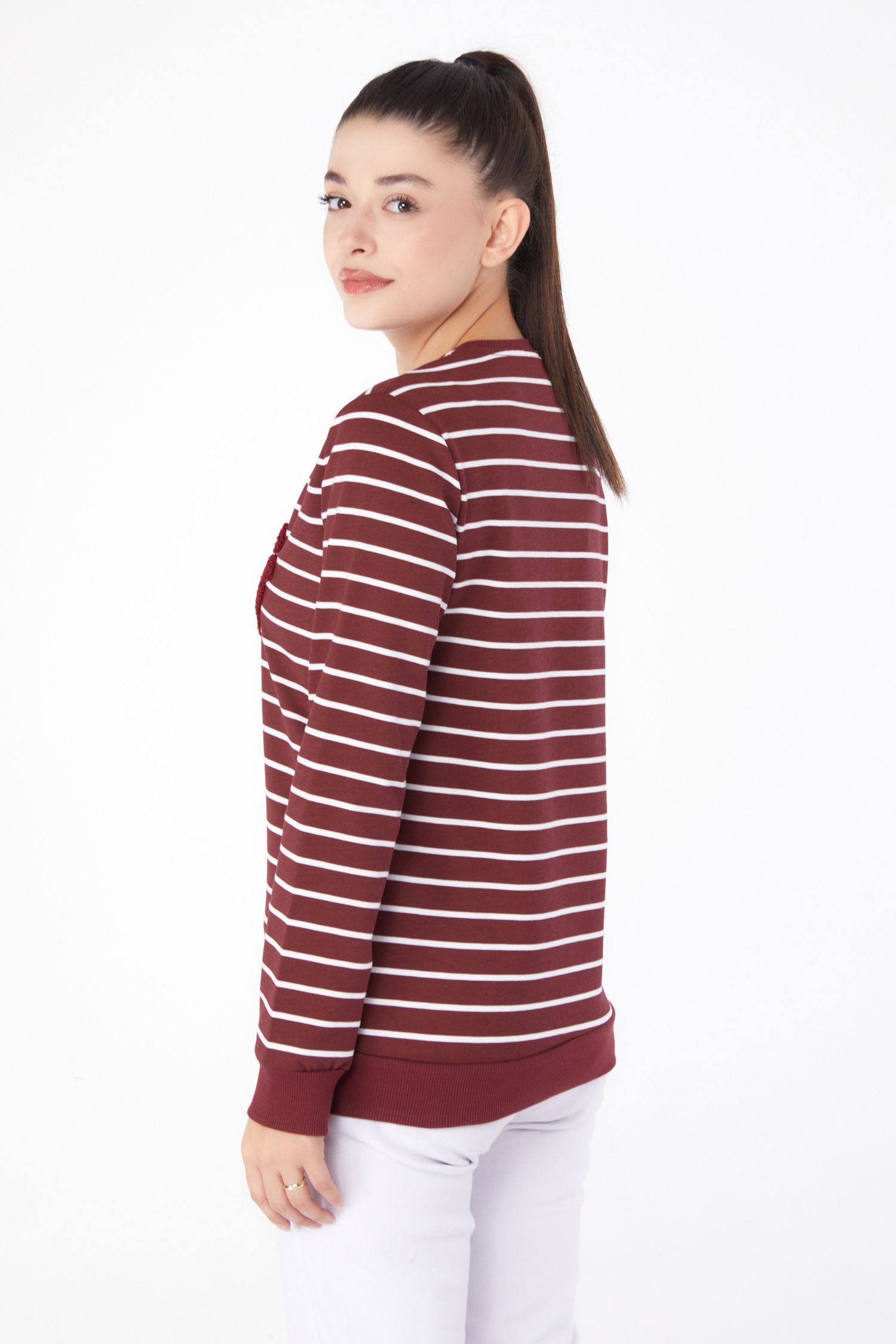 Düz Bisiklet Yaka Kadın Bordo Nakışlı Sweatshirt - 26288 - 5