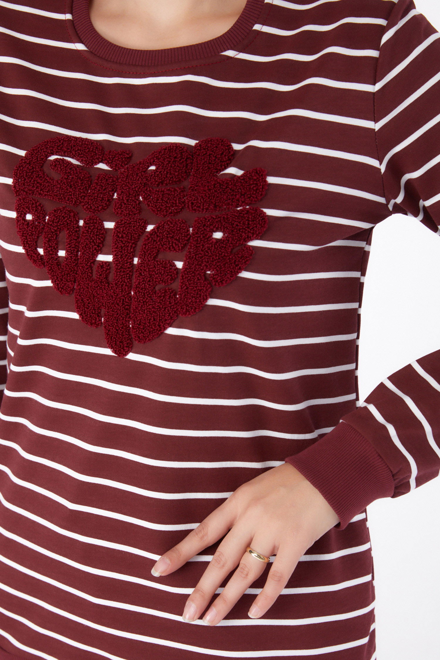 Düz Bisiklet Yaka Kadın Bordo Nakışlı Sweatshirt - 26288 - 6