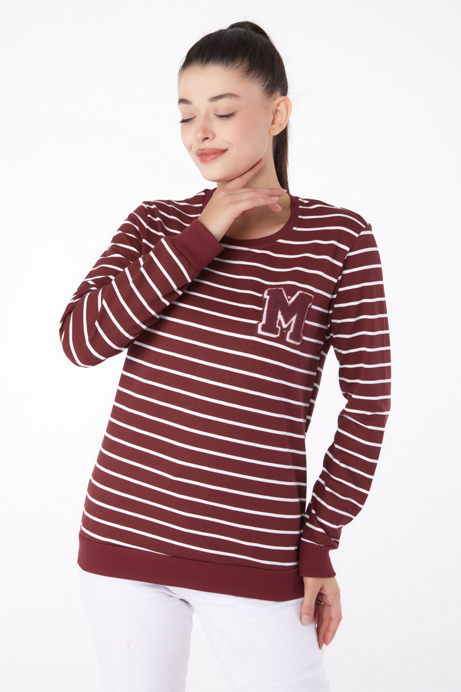 Düz Bisiklet Yaka Kadın Bordo Nakışlı Sweatshirt - 26291 - 3