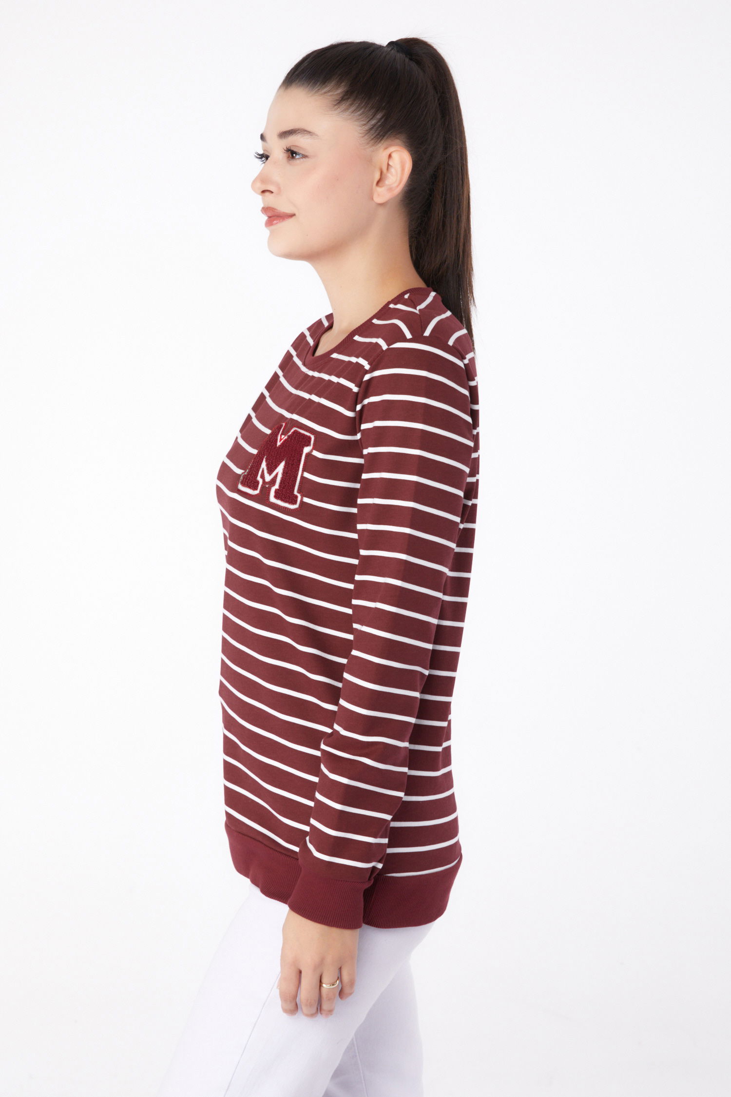 Düz Bisiklet Yaka Kadın Bordo Nakışlı Sweatshirt - 26291 - 4
