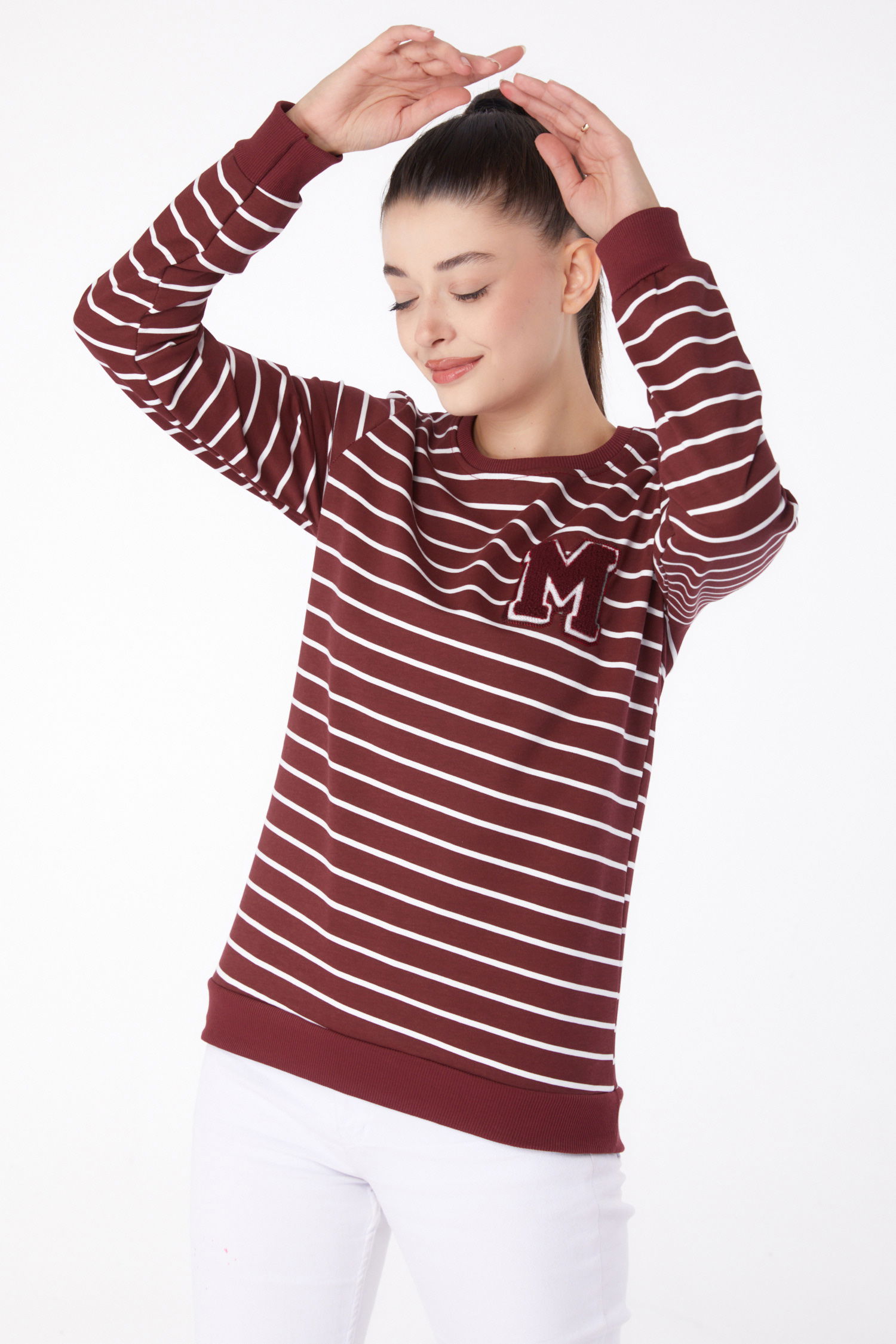 Düz Bisiklet Yaka Kadın Bordo Nakışlı Sweatshirt - 26291 - 1