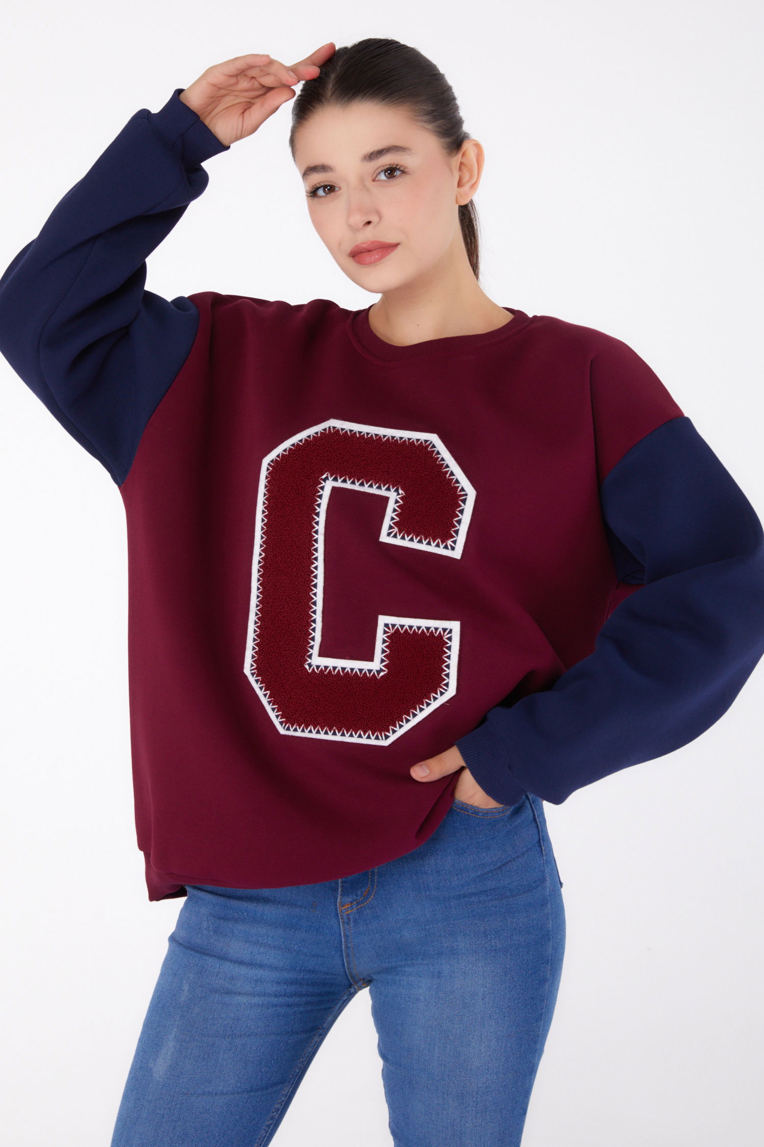 Nakışlı Sweatshirt Bordo - 26451 - 1