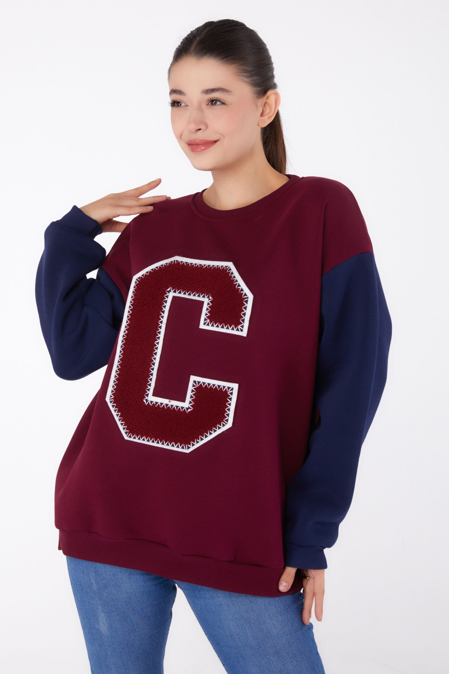 Nakışlı Sweatshirt Bordo - 26451 - 2