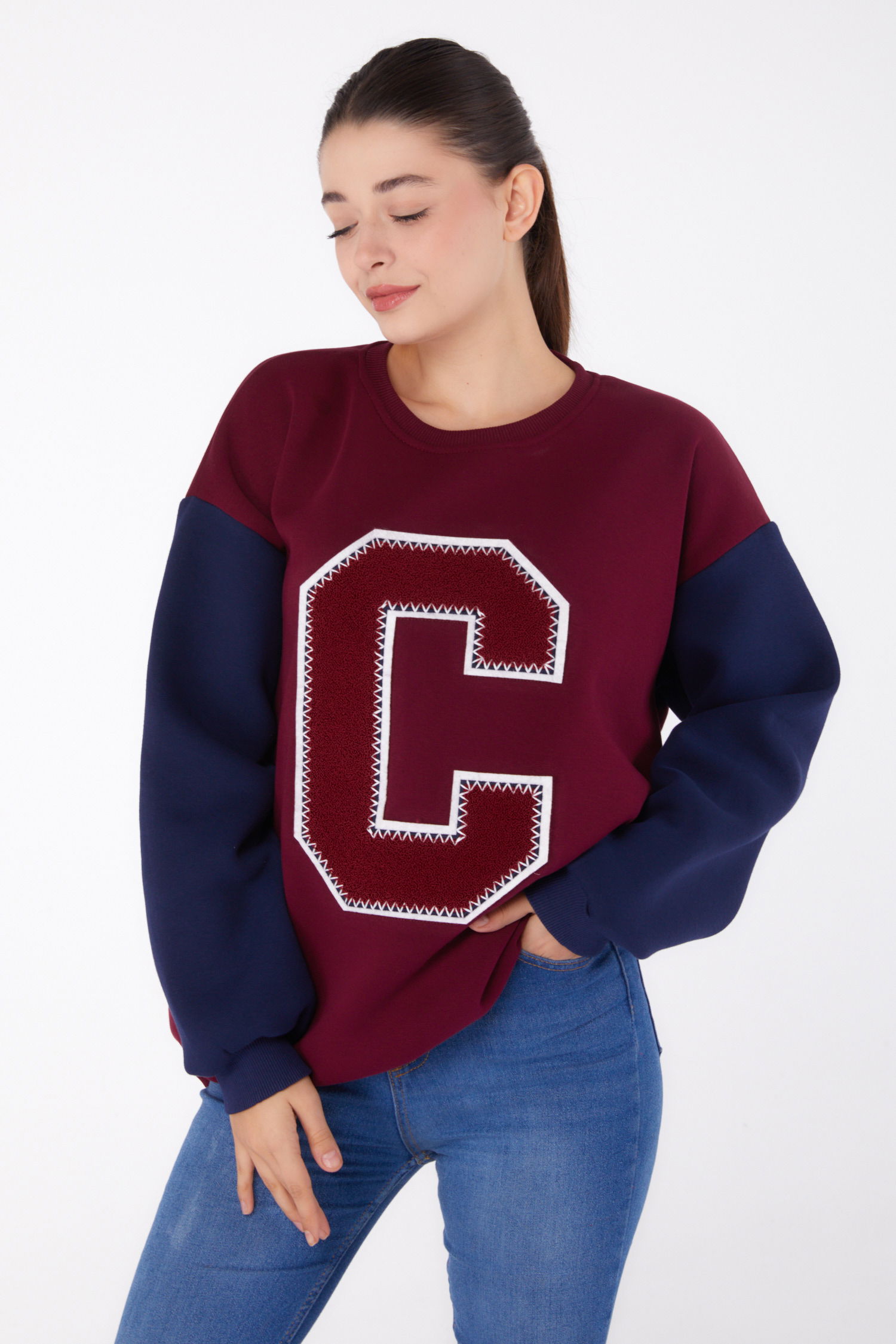 Nakışlı Sweatshirt Bordo - 26451 - 3