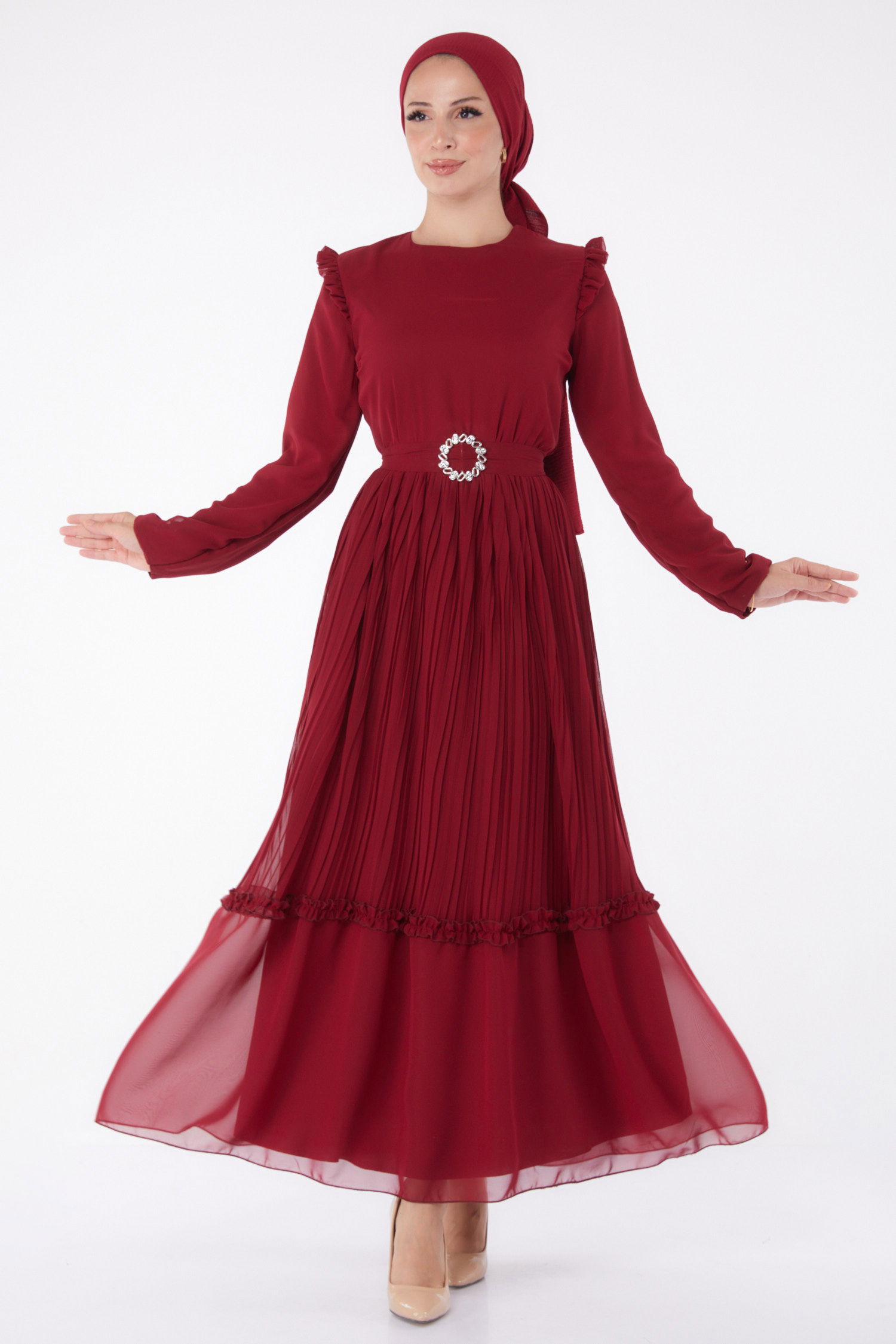 Piliseli Abiye Elbise Bordo - 26029 - 1