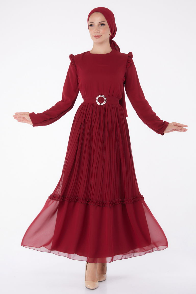 Piliseli Abiye Elbise Bordo - 26029 - TOFİSA