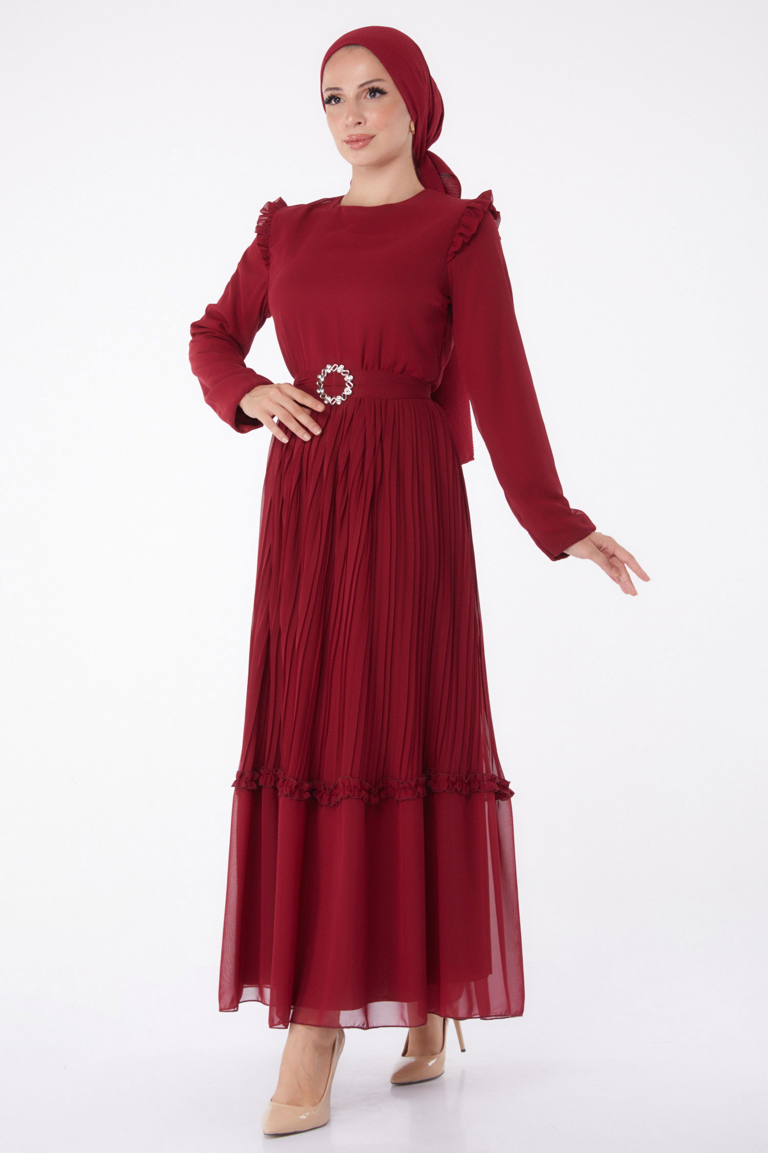 Piliseli Abiye Elbise Bordo - 26029 - 2