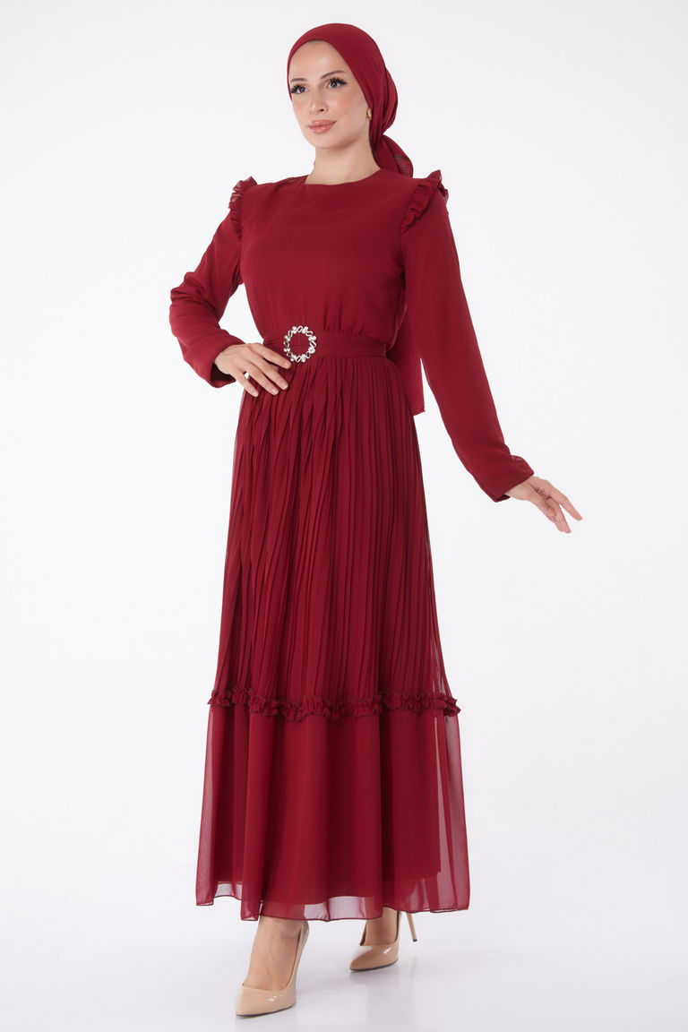 Piliseli Abiye Elbise Bordo - 26029 - TOFİSA