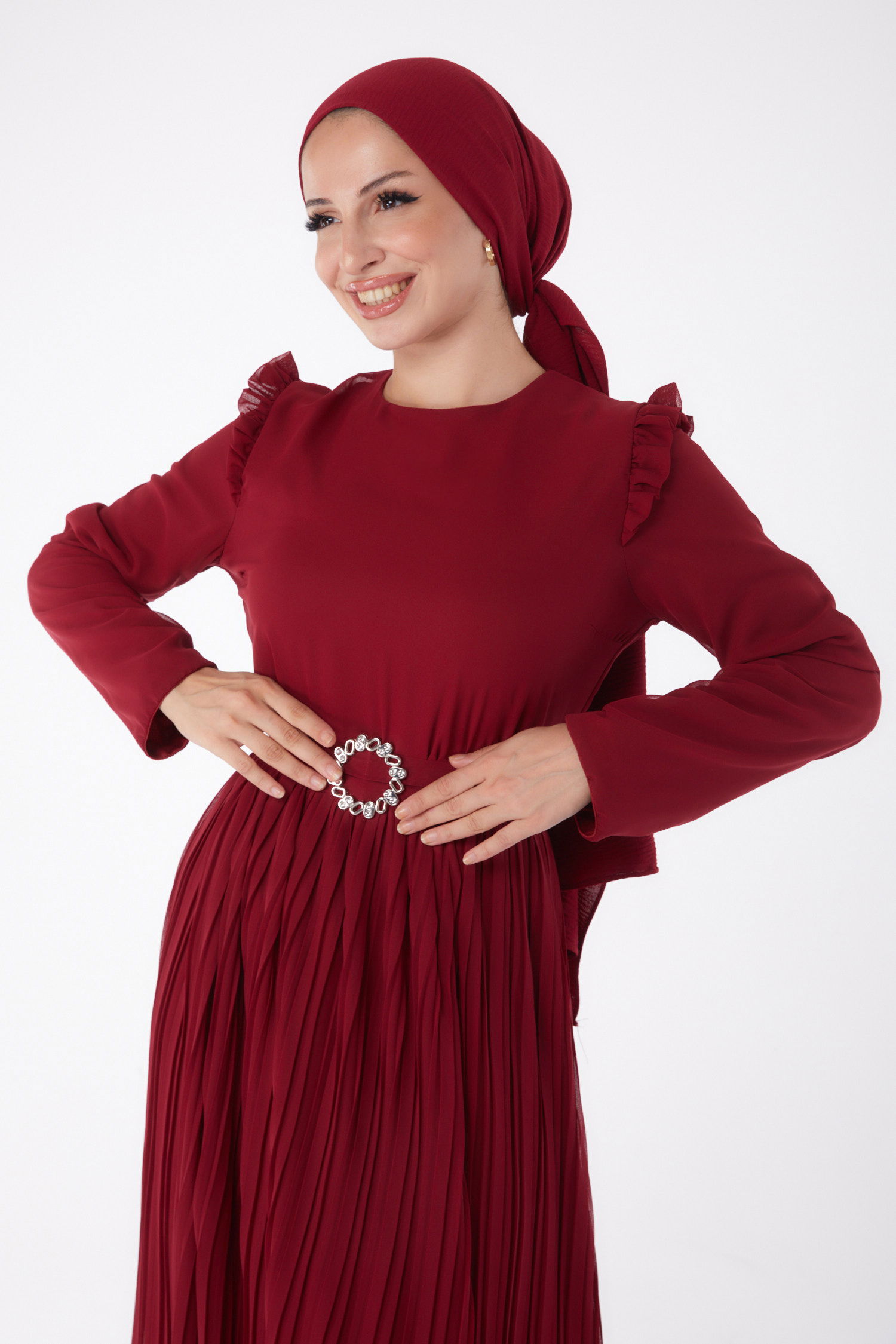 Piliseli Abiye Elbise Bordo - 26029 - 3