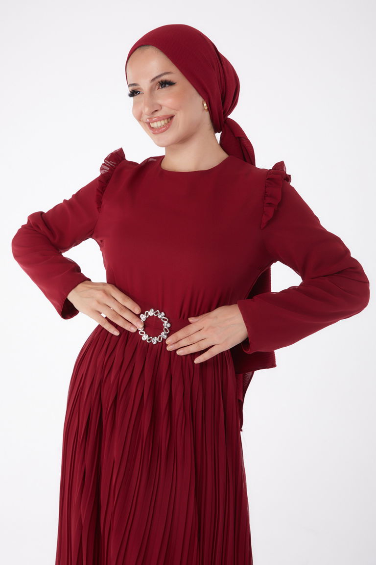 Piliseli Abiye Elbise Bordo - 26029 - TOFİSA