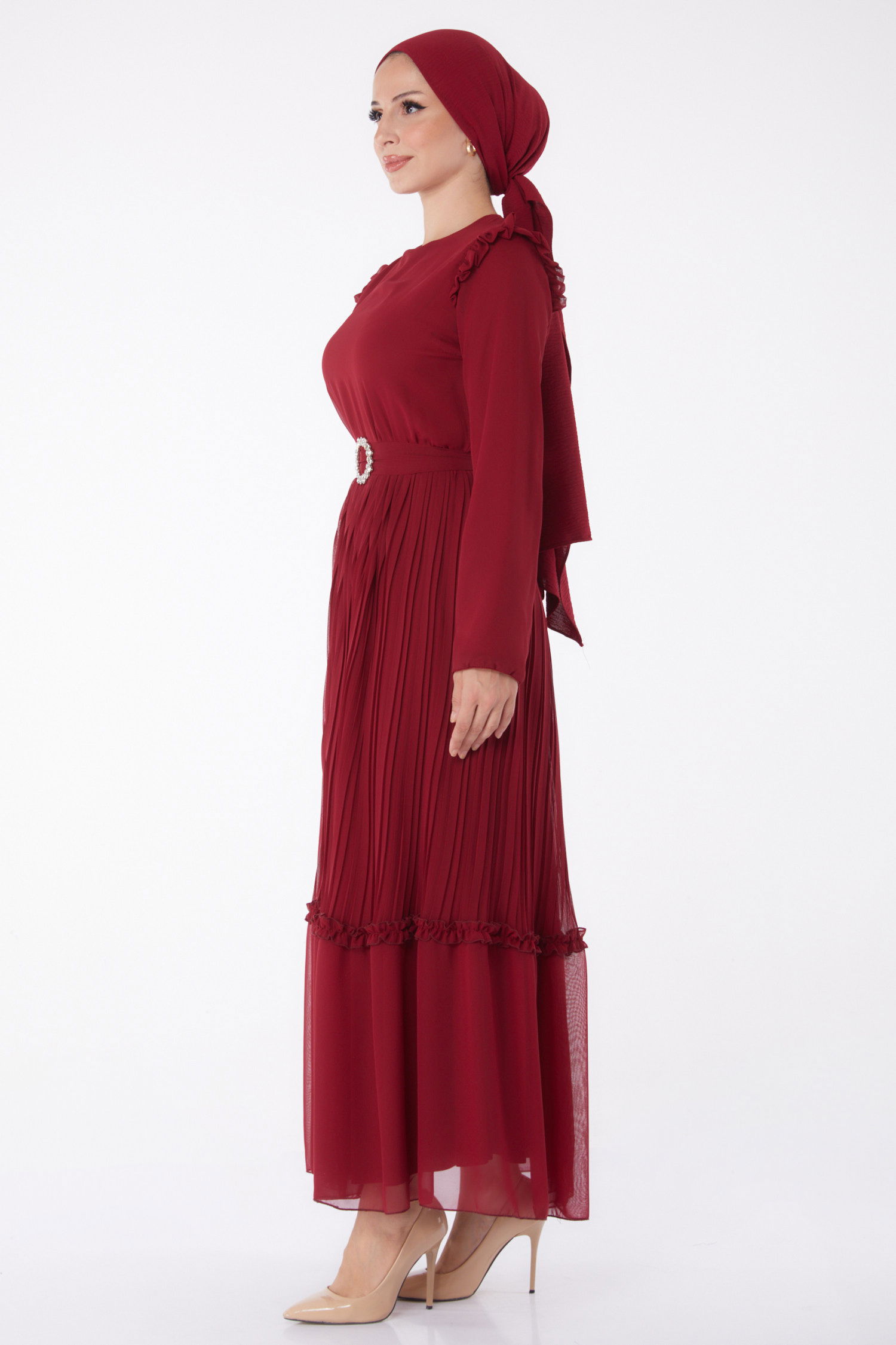 Piliseli Abiye Elbise Bordo - 26029 - 4