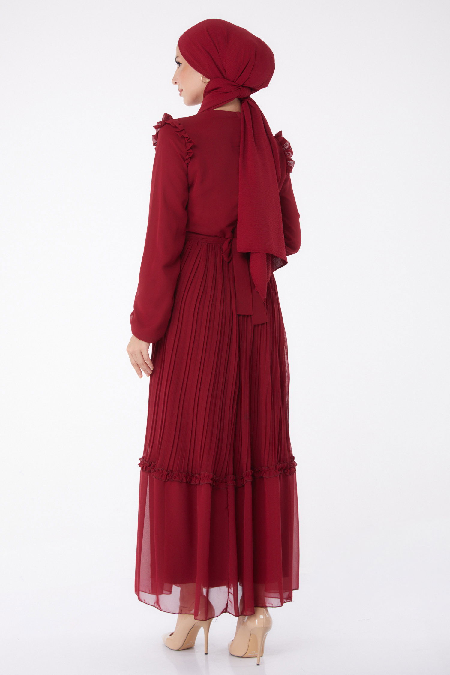 Piliseli Abiye Elbise Bordo - 26029 - 5