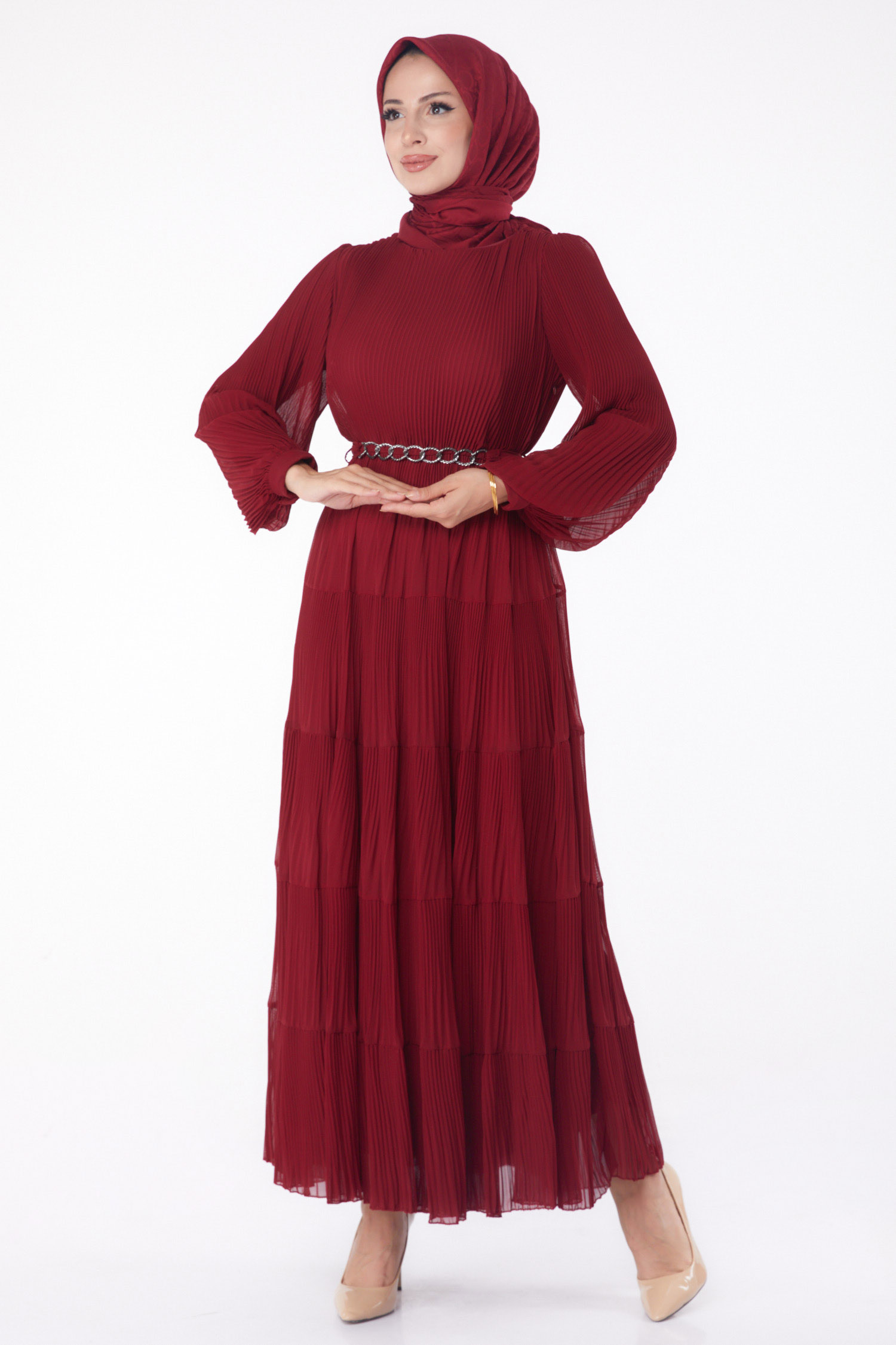 Düz Bisiklet Yaka Kadın Bordo Pliseli Abiye Elbise - 26198 - 2