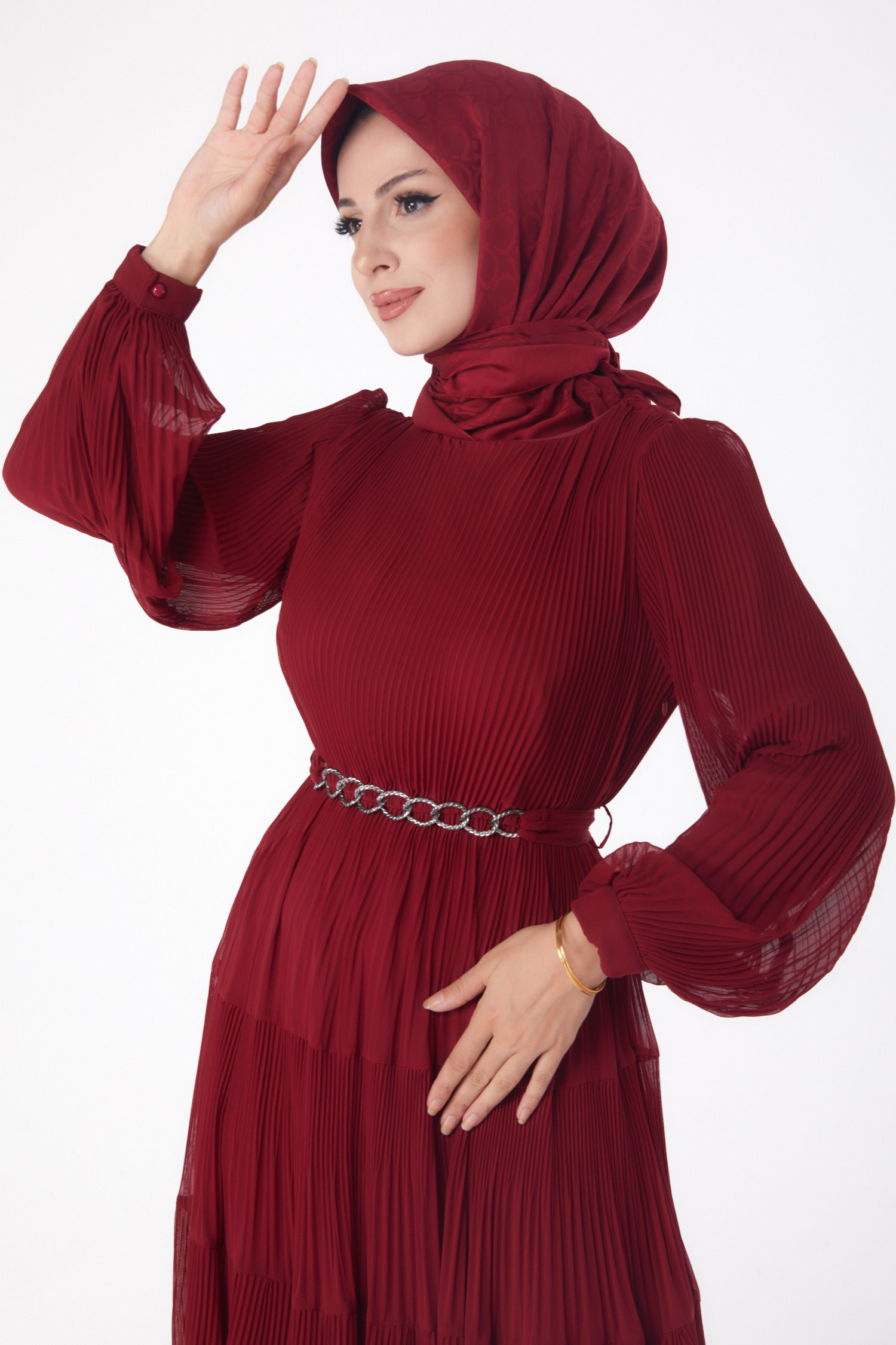 Düz Bisiklet Yaka Kadın Bordo Pliseli Abiye Elbise - 26198 - 3