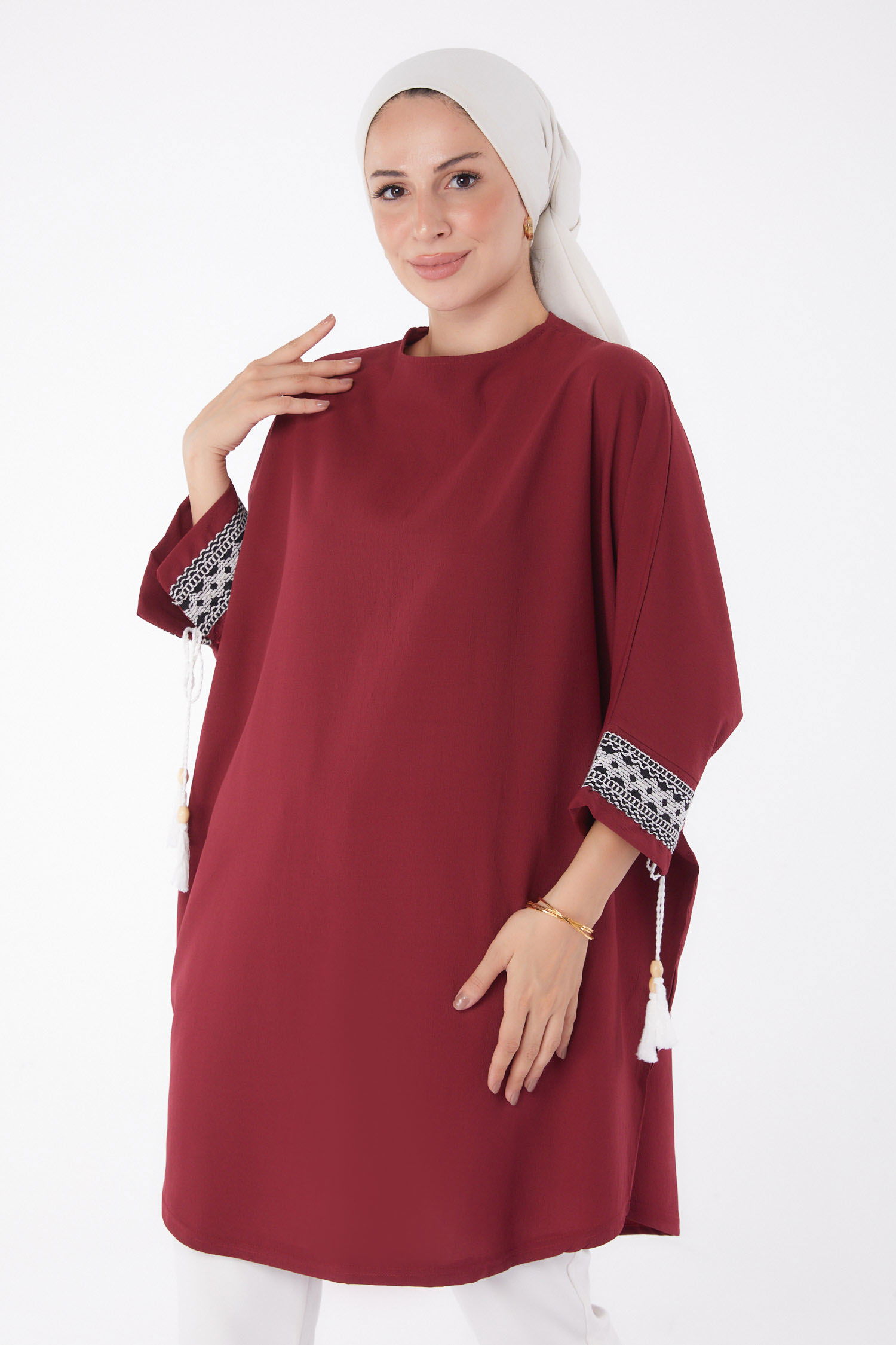 Püsküllü Yarasa Kollu Tunik Bordo - 13256 - 1