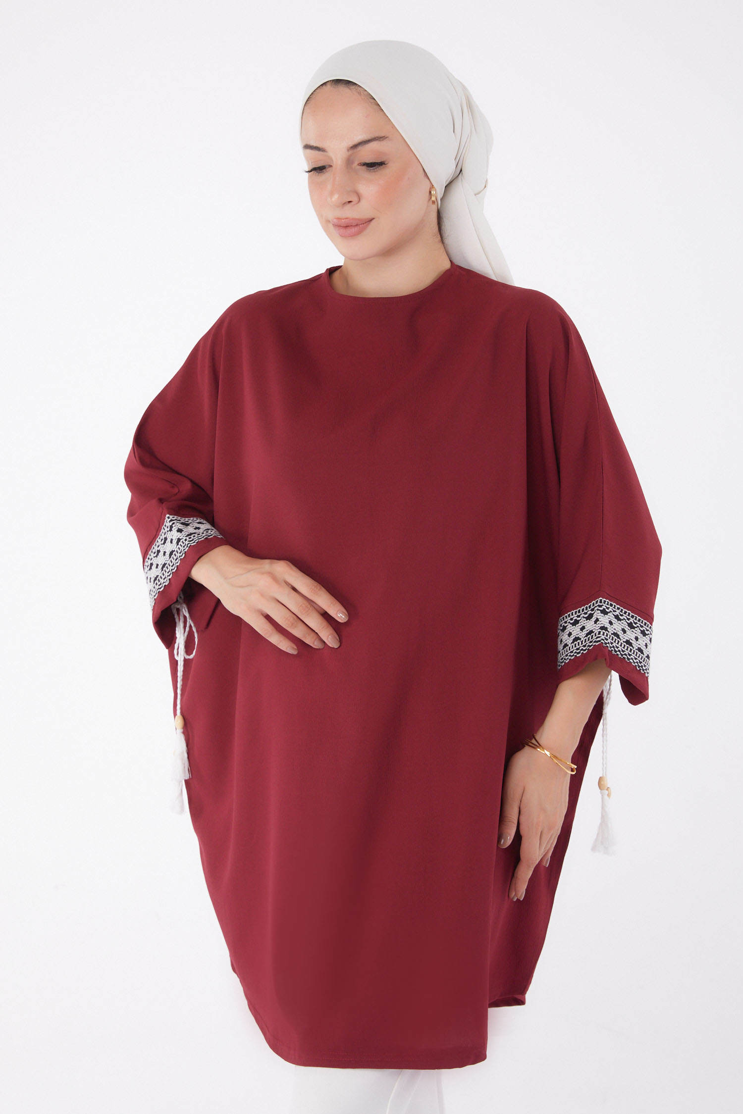 Püsküllü Yarasa Kollu Tunik Bordo - 13256 - 2