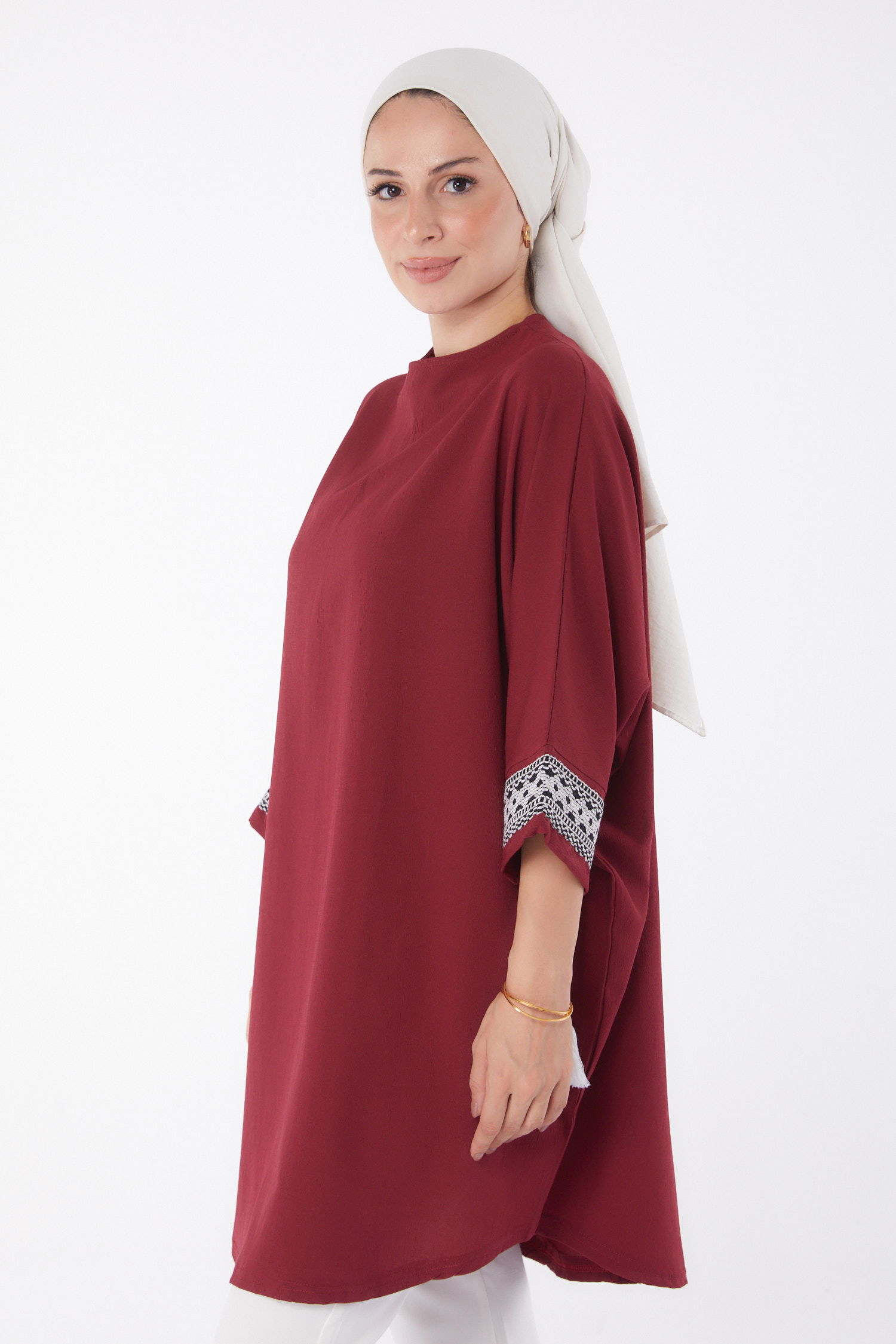 Püsküllü Yarasa Kollu Tunik Bordo - 13256 - 3