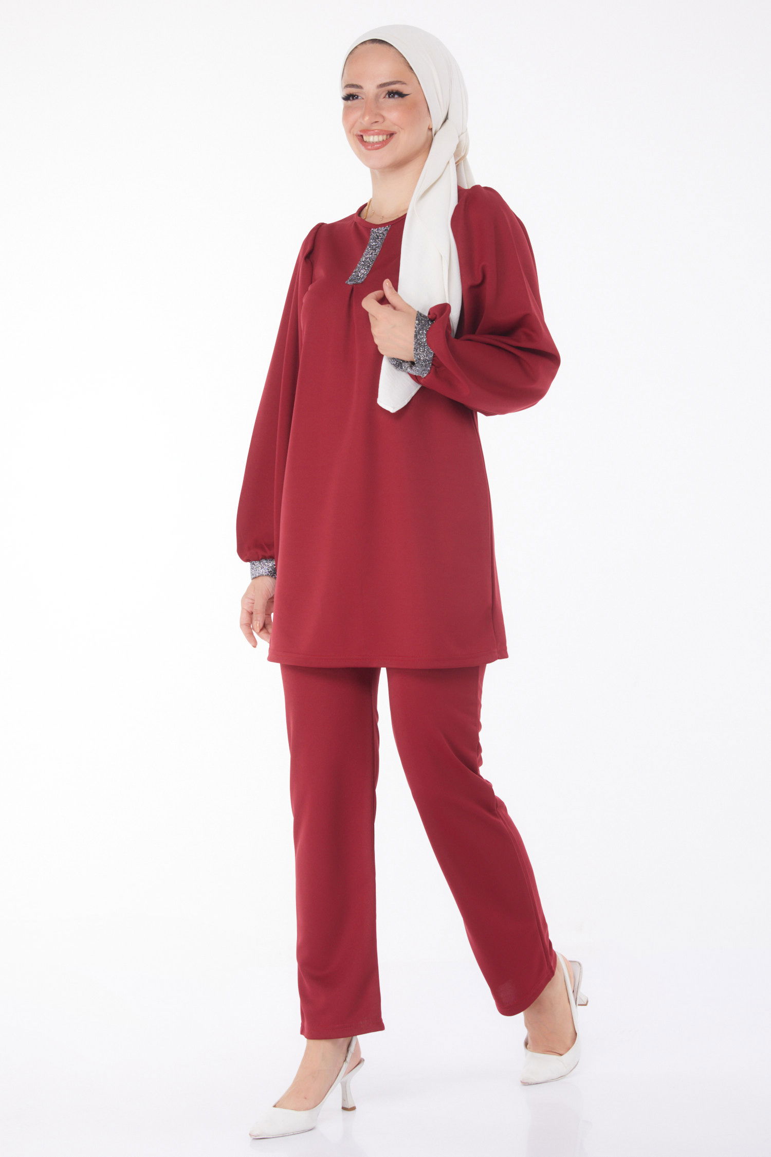 Düz Bisiklet Yaka Kadın Bordo Sim Detaylı İkili Takım - 13205 - 1