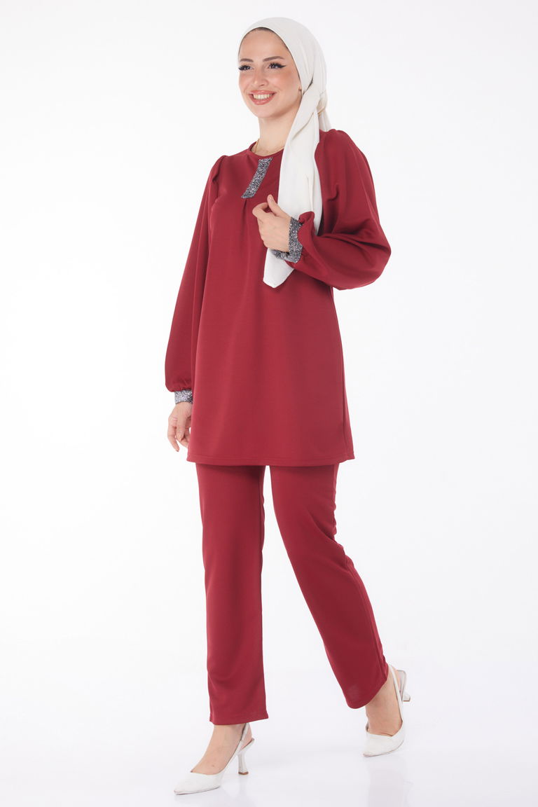 Düz Bisiklet Yaka Kadın Bordo Sim Detaylı İkili Takım - 13205 - TOFİSA